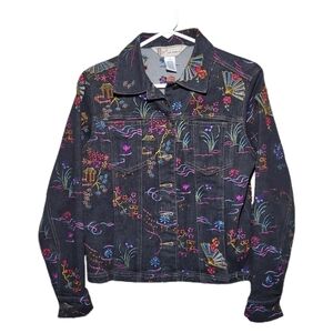 GW Jeans Co Vintage Asian Floral Embroidery Streetwear Jean Jacket Size Small.